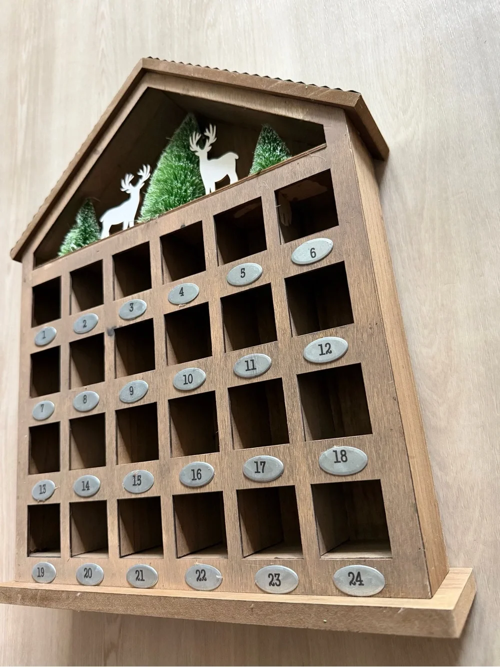 Rustic House Advent Calendar with Tin Roof, Deer and Pine Trees